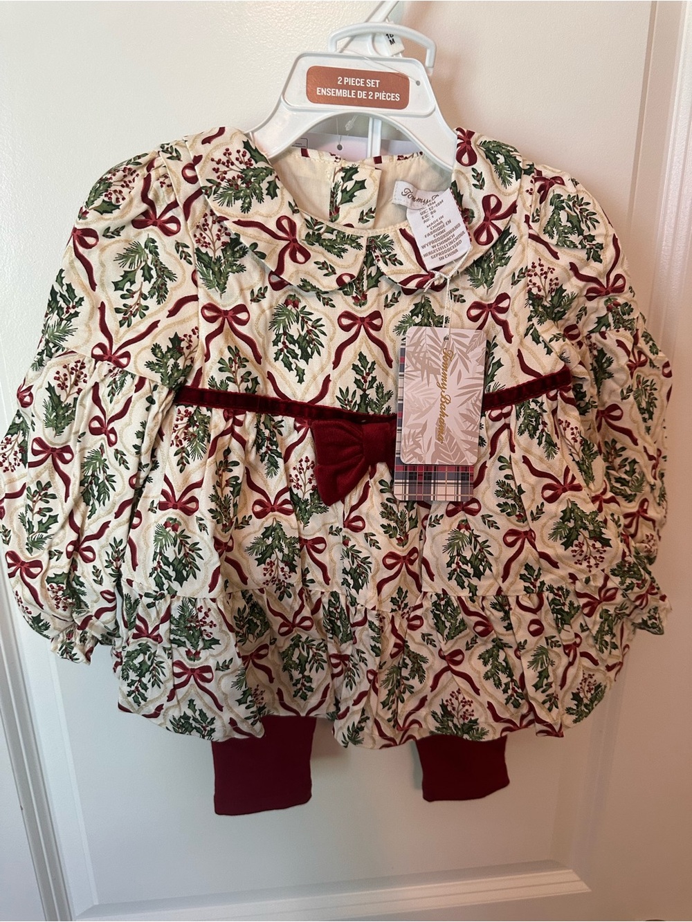 Tommy Bahama Cream Holiday Dress Set with Burgundy Bow - Picture 2 of 4